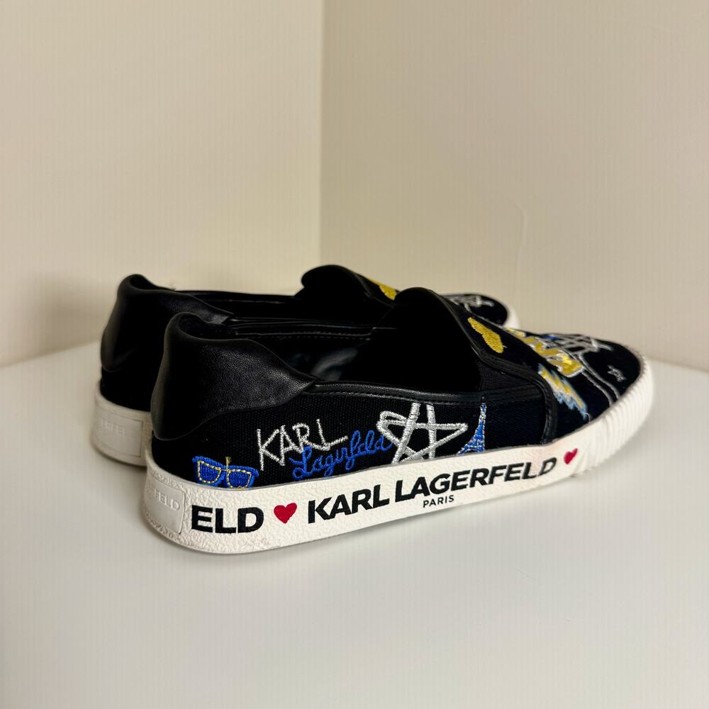Karl Lagerfeld Paris Jazlyn Slip-On Sneakers Sz 8 Black Embroidered Graffiti - Picture 7 of 16
